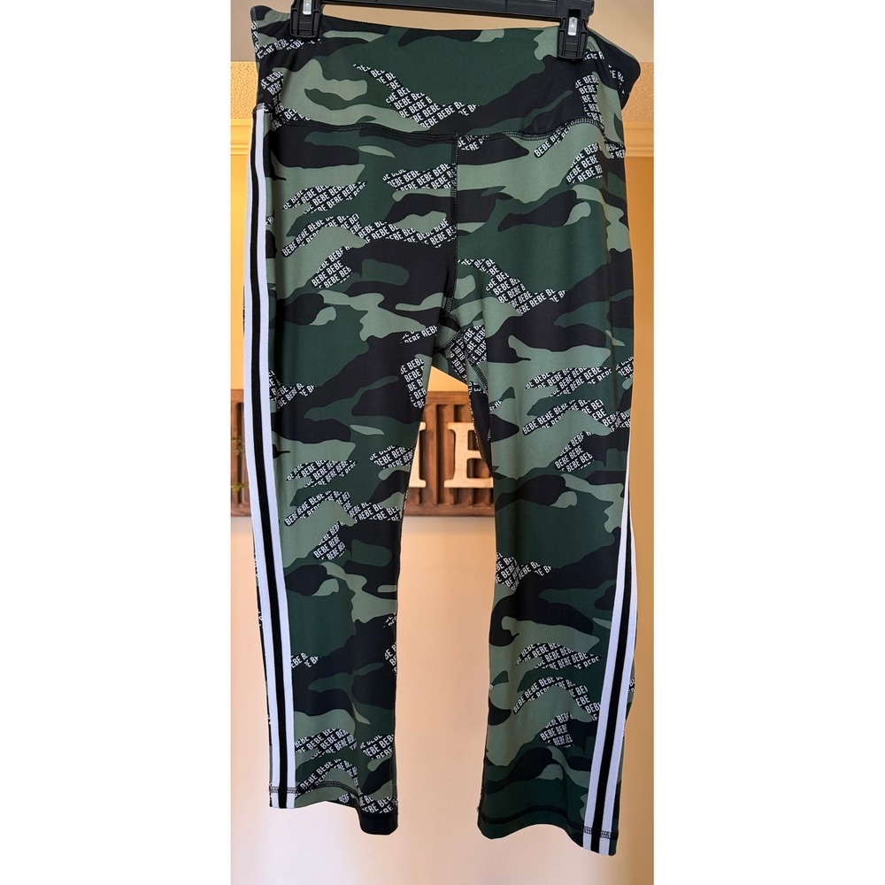 Bebe Sport Womens Camo Logo Print Leggings Green Camouflage Crop RN63619 Large